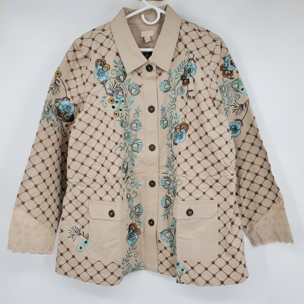 LOGO LAVISH Embroidered Jacket Beige Floral Lattice Button Front XL Boho Artsy‎